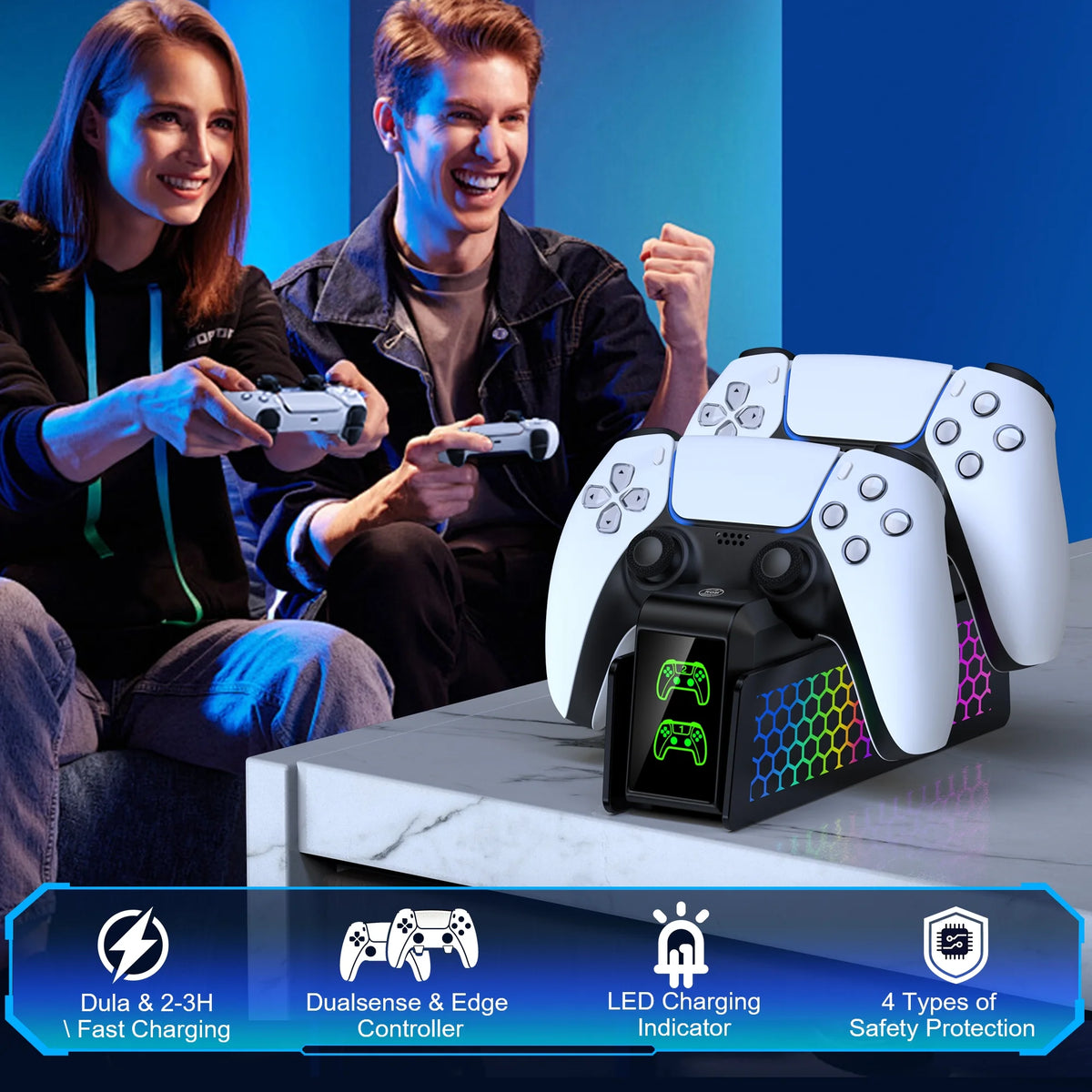 PS5 Controller Charger Dual Fast Charging Dock with 9 LED Light Modes for PS5 Dualsense Controllers