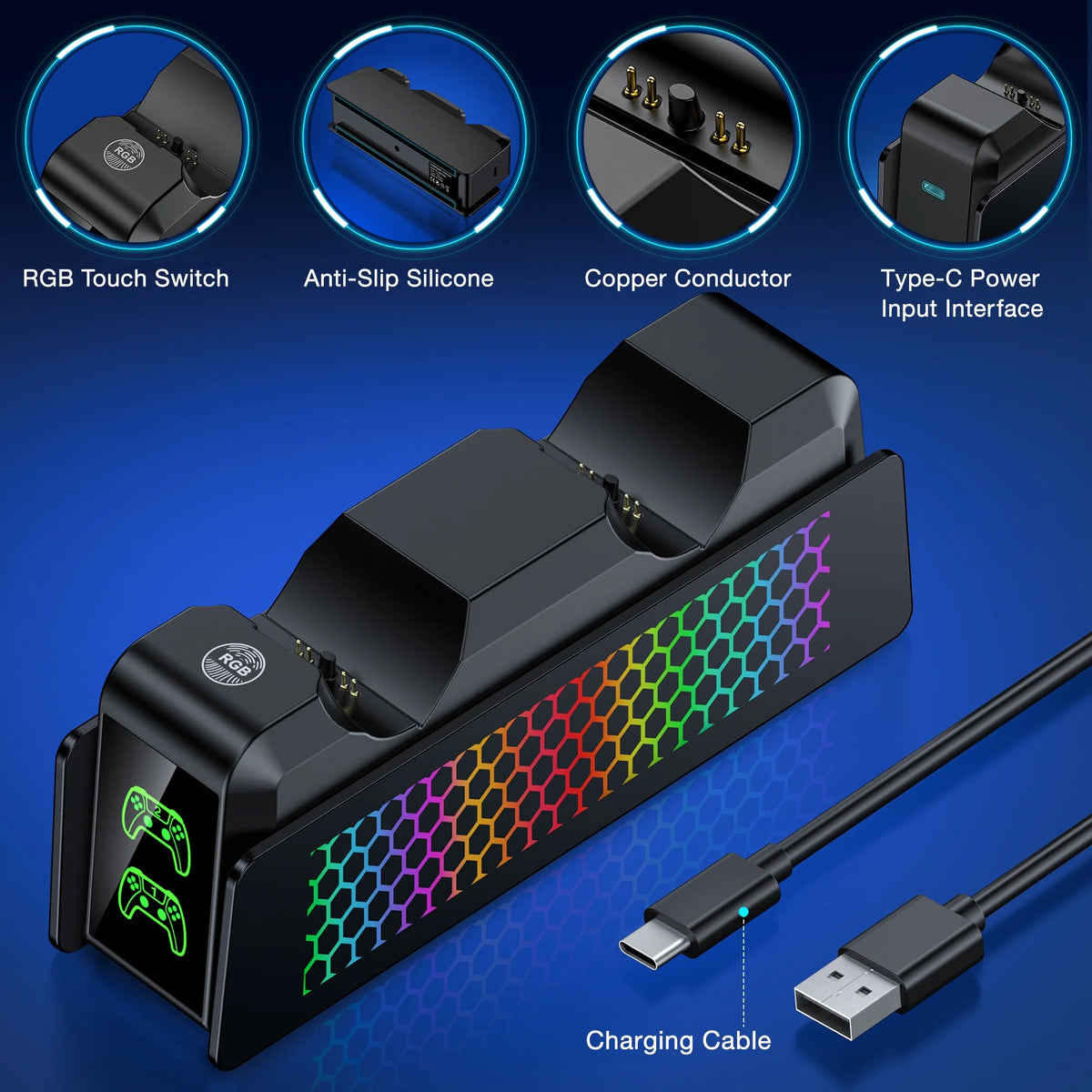 PS5 Controller Charger Dual Fast Charging Dock with 9 LED Light Modes for PS5 Dualsense Controllers