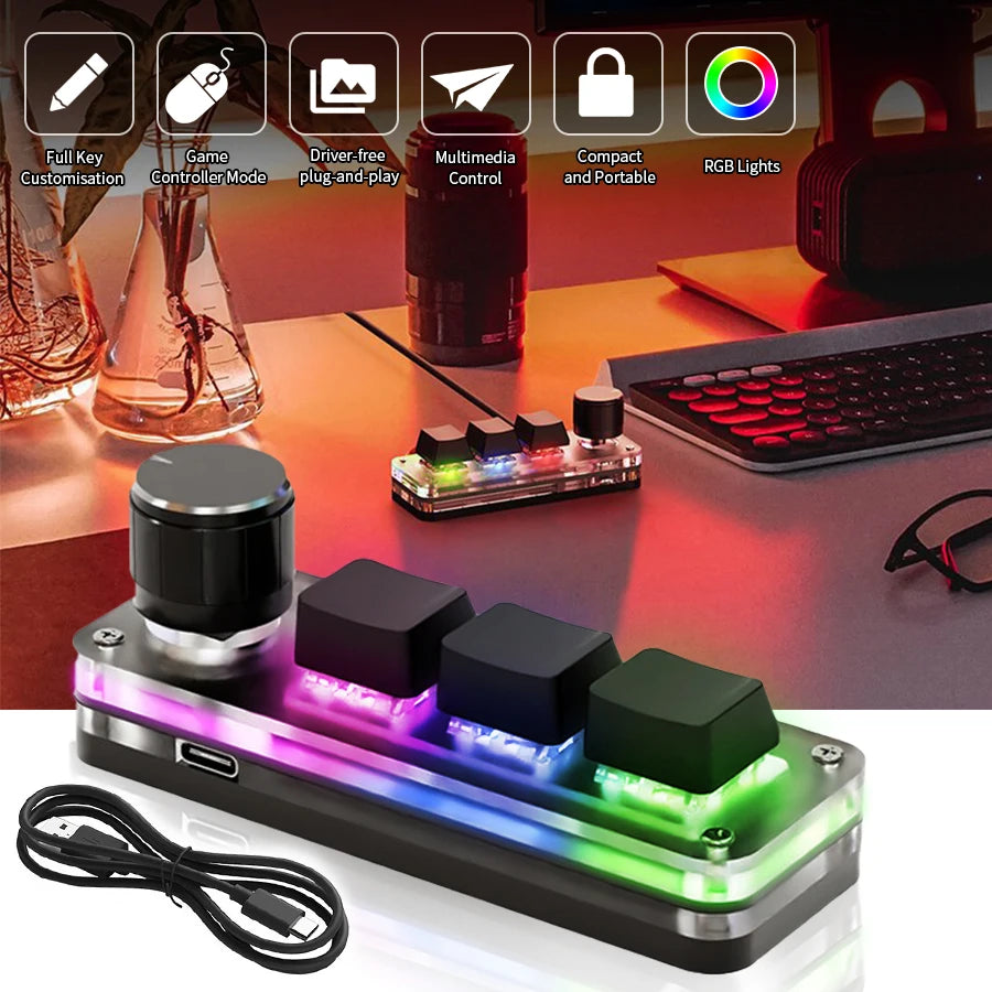 USB Mechanical Keyboard Gamer 3Keys Macro Custom Keyboard RGB Gaming Custom Programming Knob Mini Keyboard Keypads for Photoshop