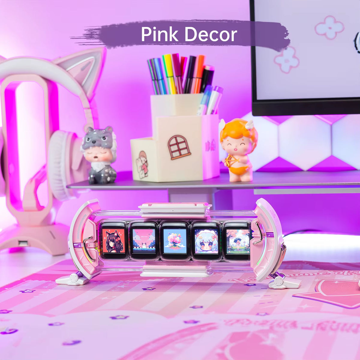 Times Gate Cute Gaming Digital Clock Informative Display Social Media, Pixel Art Display for Gamers Decor (Pink)