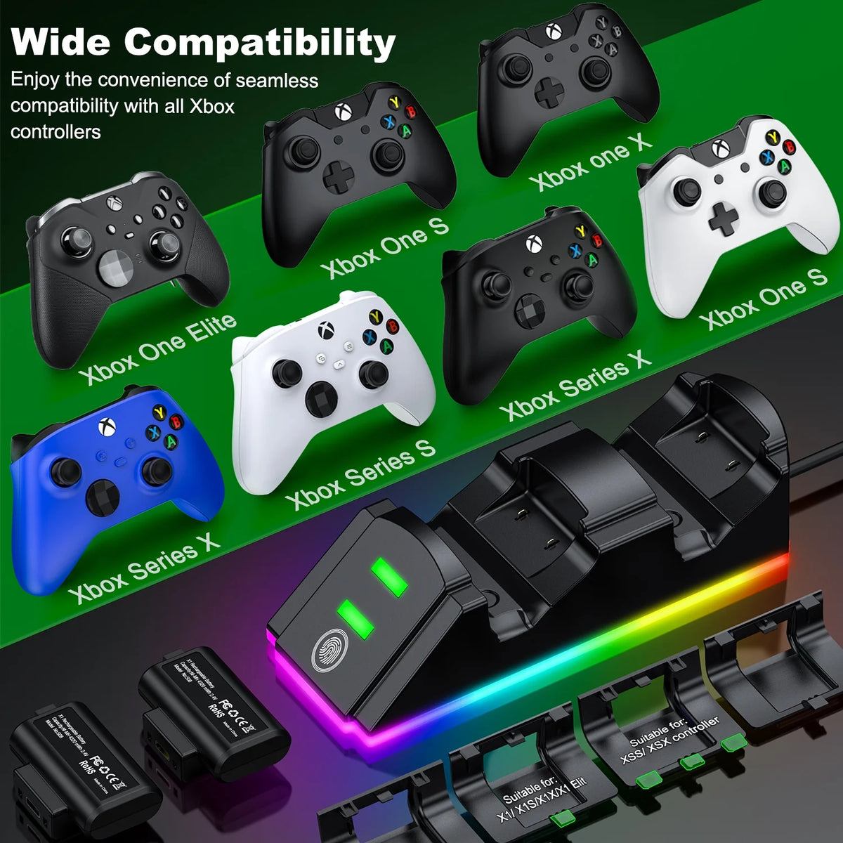 Xbox Rechargeable Battery Pack with 2X4320Mwh Battery Pack, Xbox Controller Charger Station for Xbox Series X/S/Xbox One/S/X/Elite,Black