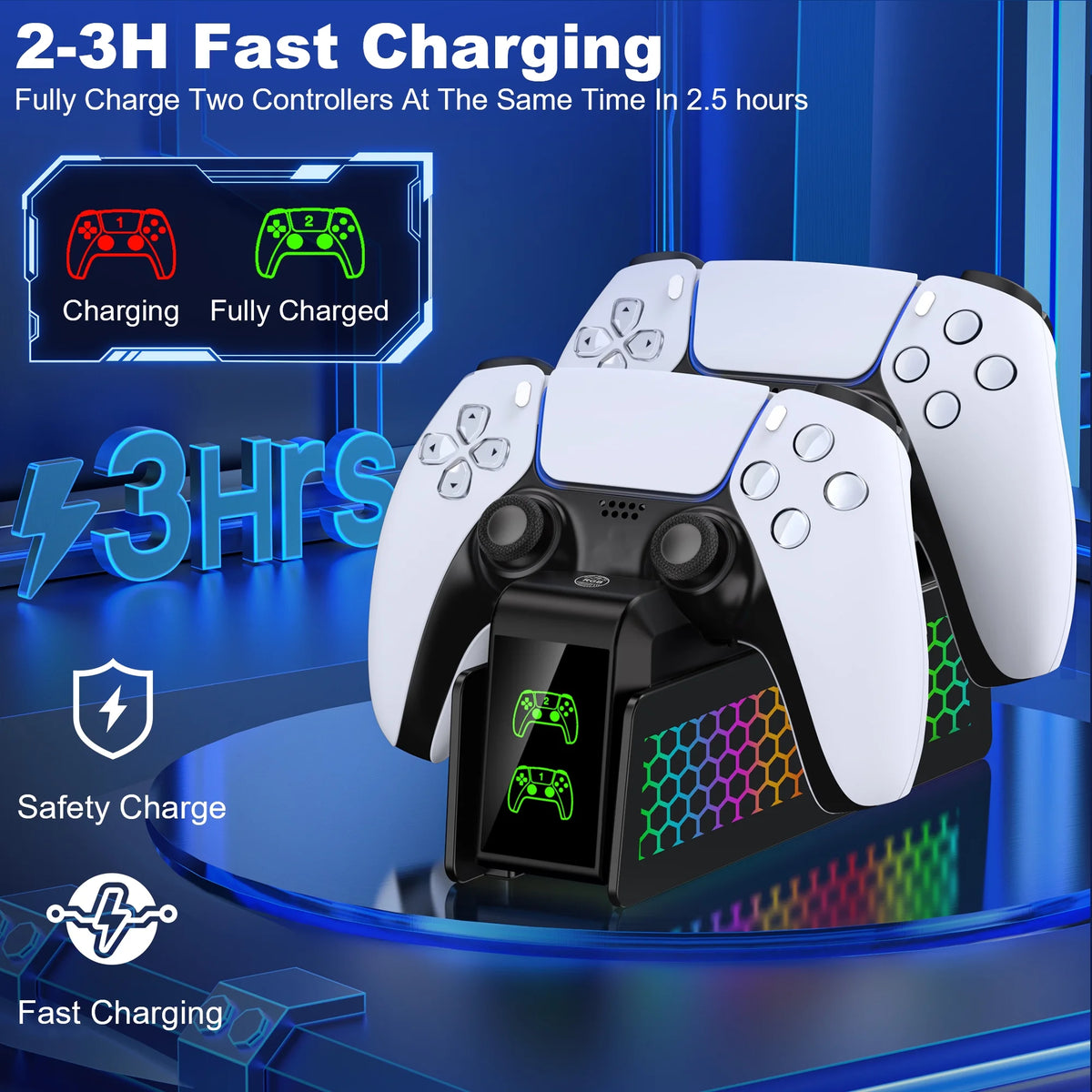 PS5 Controller Charger Dual Fast Charging Dock with 9 LED Light Modes for PS5 Dualsense Controllers