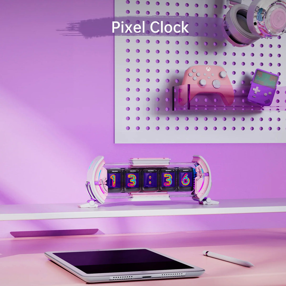 Times Gate Cute Gaming Digital Clock Informative Display Social Media, Pixel Art Display for Gamers Decor (Pink)