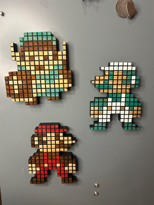 8-Bit Gaming Character Magnets (Mario, Luigi, Link) - Wooden Pixel Decor | Handmade Retro Gaming Gift for Gamers and Collectors and Mancave